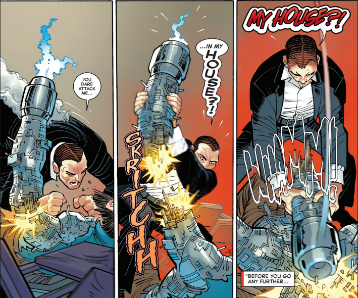 Norman Osborne, in a suit, stands over a robot man. In the second panel he yanks the robot's arm off, and in the third panel he hits the man on the head with it.